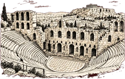 Εικονογράφηση του Ωδείου Ηρώδου Αττικού με την Ακρόπολη